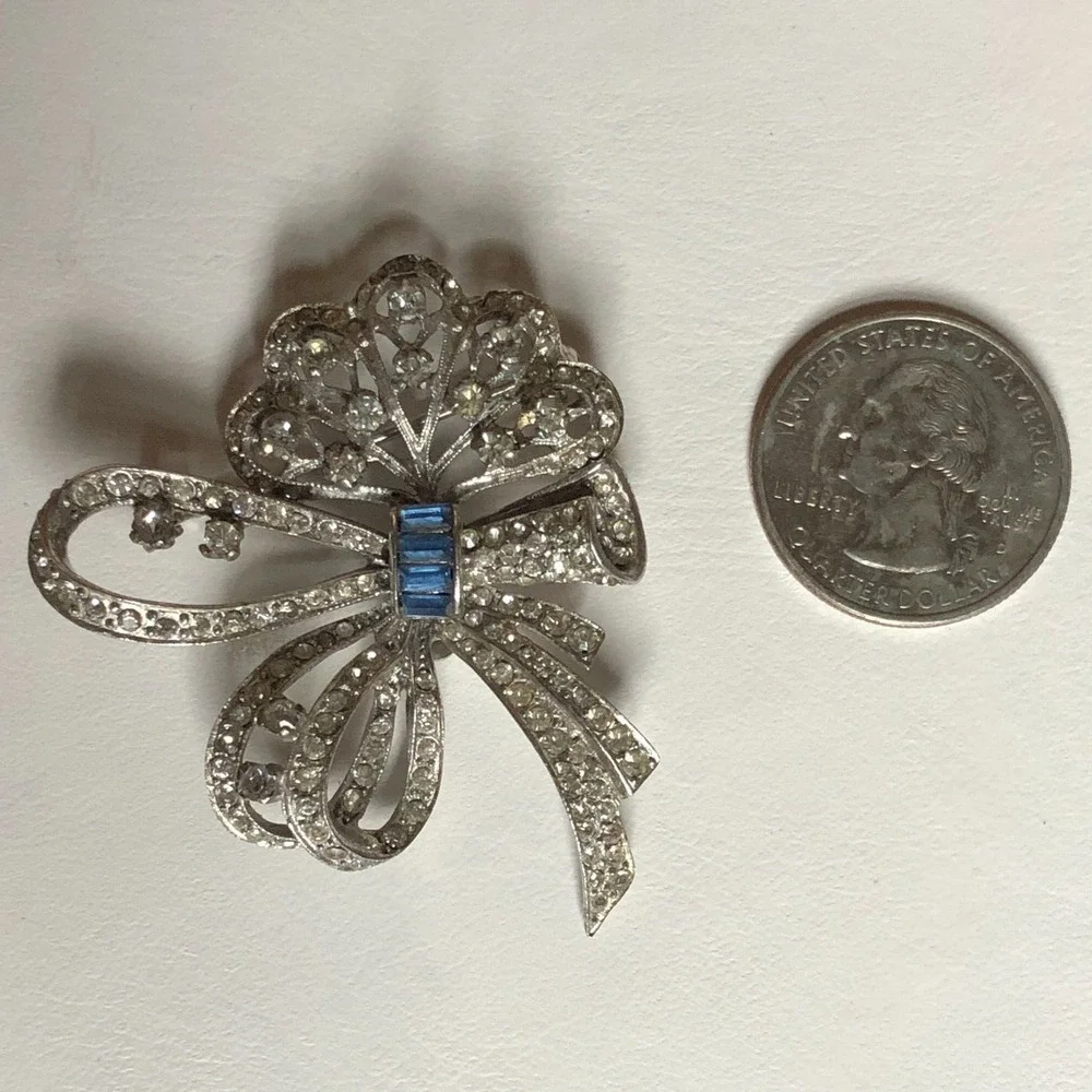 Sterling Silver Bow Brooch Sonia Lee 1940s Art Deco Rhinestone White Blue Vtg